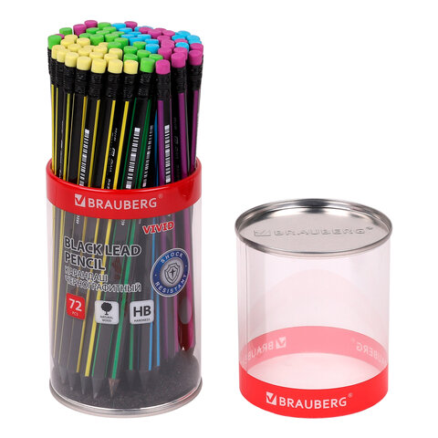 Карандаш чернографитный BRAUBERG VIVID, 1 шт., HB, с ластиком, корпус ассорти