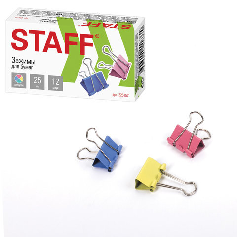 Зажимы для бумаг STAFF Profit, КОМПЛЕКТ 12 шт., 25 мм, на 100 листов, цветные, картонная коробка