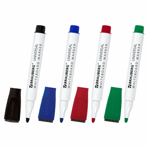 Маркеры стираемые на магните со стирателем для белой доски, 4 ЦВЕТА, BRAUBERG UNIVERSAL, 3 мм