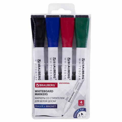 Маркеры стираемые на магните со стирателем для белой доски, 4 ЦВЕТА, BRAUBERG UNIVERSAL, 3 мм