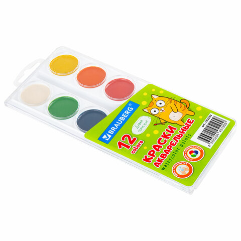 Краски акварельные BRAUBERG 12 цветов Кот-Энтузиаст, медовые, круглые кюветы