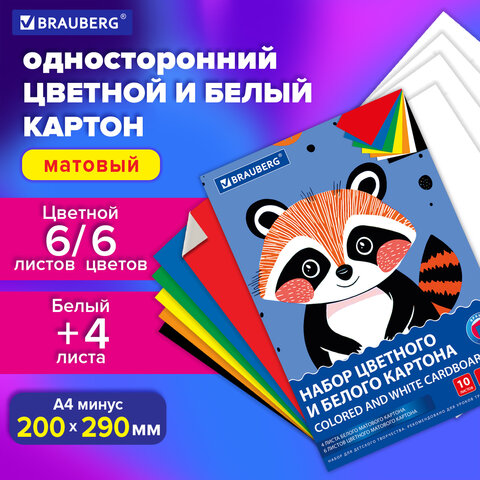 Набор картона БЕЛЫЙ + ЦВЕТНОЙ А4 немелованный, 10 листов (белый 4 листа + цветной 6 листов), в папке, BRAUBERG