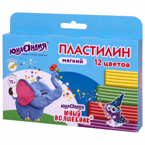 Пластилин мягкий ЮНЛАНДИЯ "ЮНЫЙ ВОЛШЕБНИК", 12 цветов 180 г, СО СТЕКОМ, ВЫСШЕЕ КАЧЕСТВО
