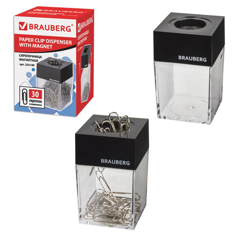 Скрепочница магнитная BRAUBERG с 30 скрепками, прозрачный корпус
