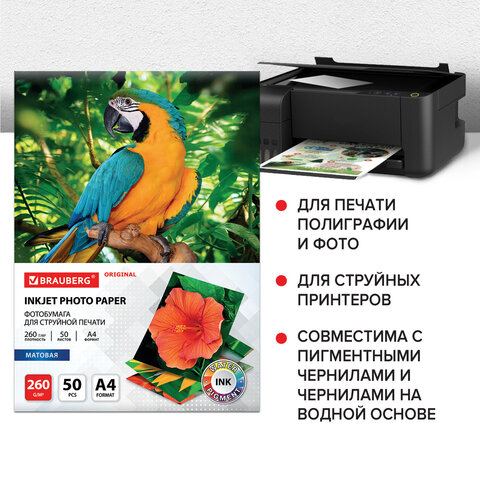 Фотобумага матовая, А4, 260 г/м2, односторонняя, 50 листов, BRAUBERG ORIGINAL