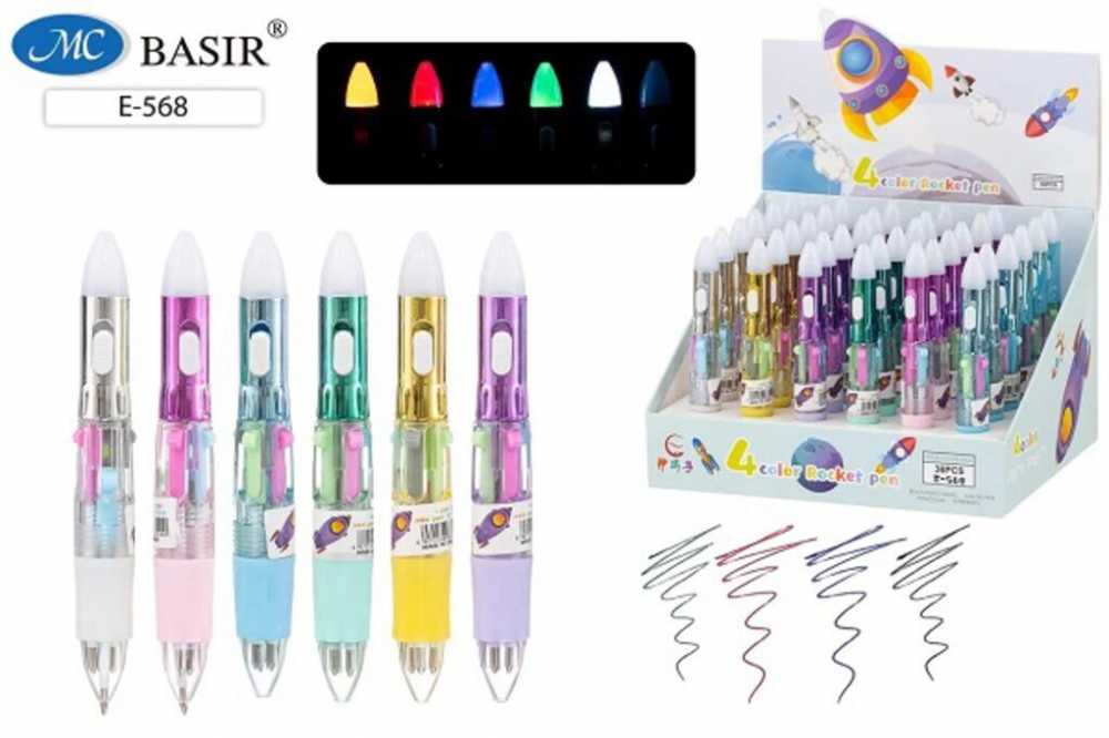 Ручка шариковая детская  4-х цветная, мини Ракета 0,5мм, фонарик, MC Basir E-568
