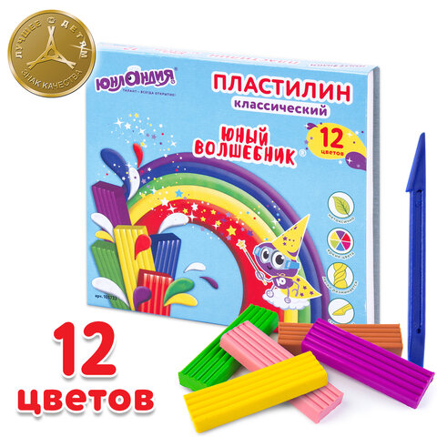 Пластилин классический ЮНЛАНДИЯ "ЮНЫЙ ВОЛШЕБНИК", 12 цветов, 240 г, СО СТЕКОМ, ВЫСШЕЕ КАЧЕСТВО