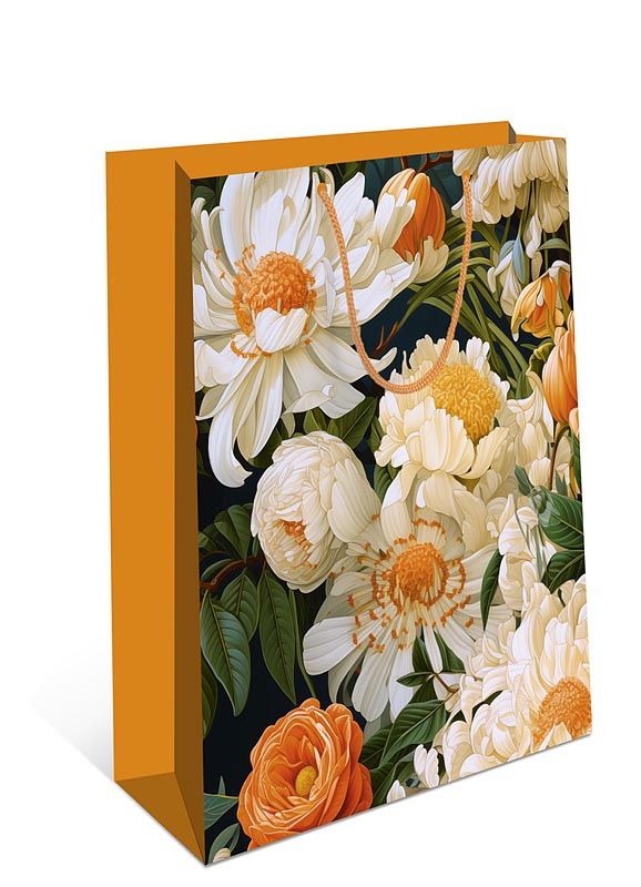 Пакет подарочный бумажный 26*32*12 см, Цветы оранжевый