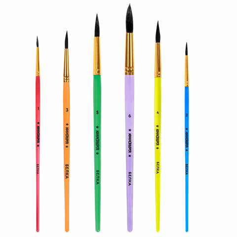 Кисти для рисования БЕЛКА набор 6 шт. (круглые № 1, 2, 3, 4, 5, 6), блистер, ЮНЛАНДИЯ