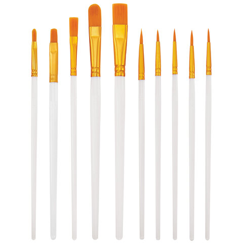 Кисти набор 10 шт., синтетика, белые, № 2/0-8 (Круглые; Овальные; Плоские; Лайнеры), WBZ