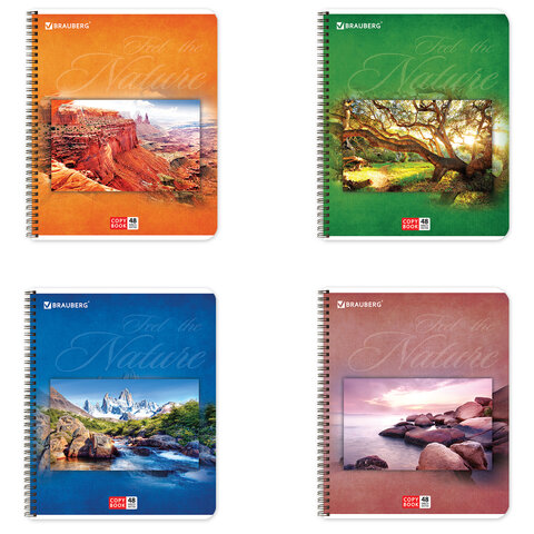 Тетрадь А5, 48 л., BRAUBERG, гребень, клетка, обложка картон, ПРИРОДА