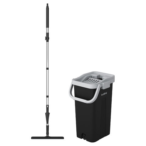 Швабра с отжимом и ведром 10л/7л двухкамерное, 2 насадки микрофибра, карманы с 2-х сторон, рукоятка 134-154 см черный AltaMop L, LAIMA