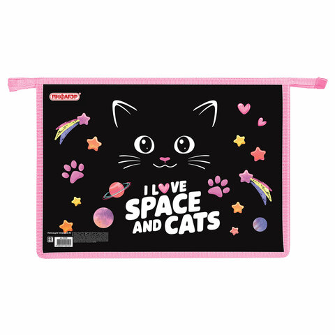 Папка для тетрадей А4, 1 отделение, картон/пластик, на молнии, ПИФАГОР Dark kitten