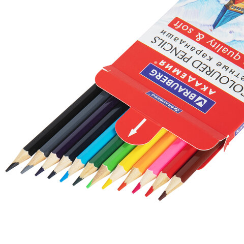 Карандаши цветные мягкие BRAUBERG АКАДЕМИЯ, 12 цветов, шестигранные, грифель 3 мм, натуральное дерево