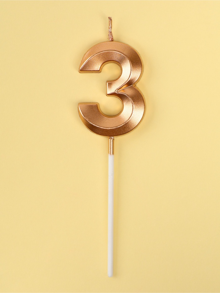 Свеча цифра для торта 3 на шпажке Грань, шампань, 5 см