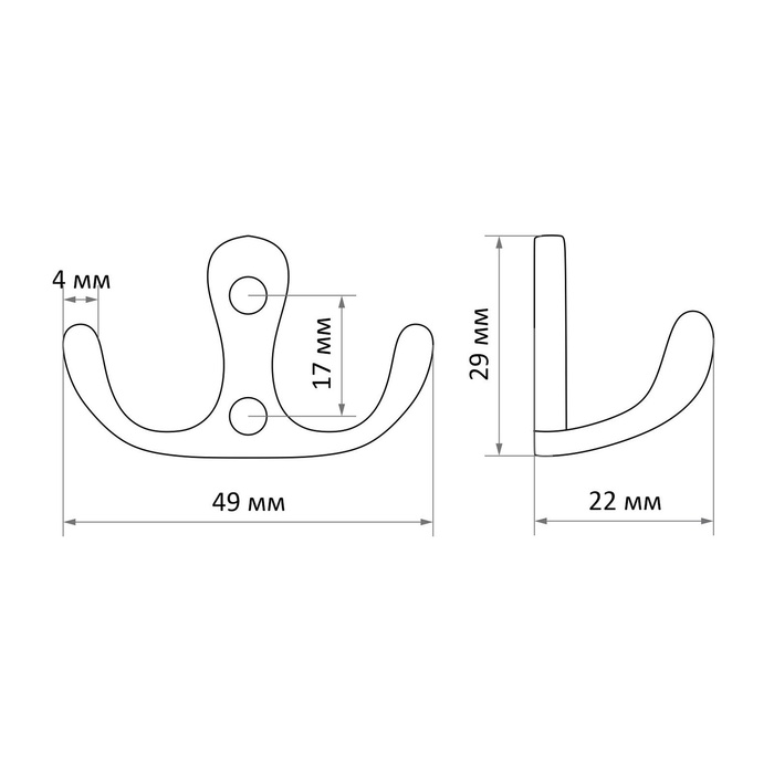 Крючок мебельный ТУНДРА TKd=005, двухрожковый, золото