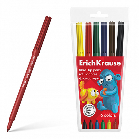 Фломастеры 6 цветов Erich Krause Jolly Friends Super Washable, вентилируемый колпачок