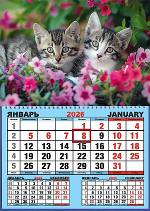Календарь настенный 310*420мм на 2026г. ОДНОБЛОЧНЫЙ с курсором и календ.сеткой Два котёнка