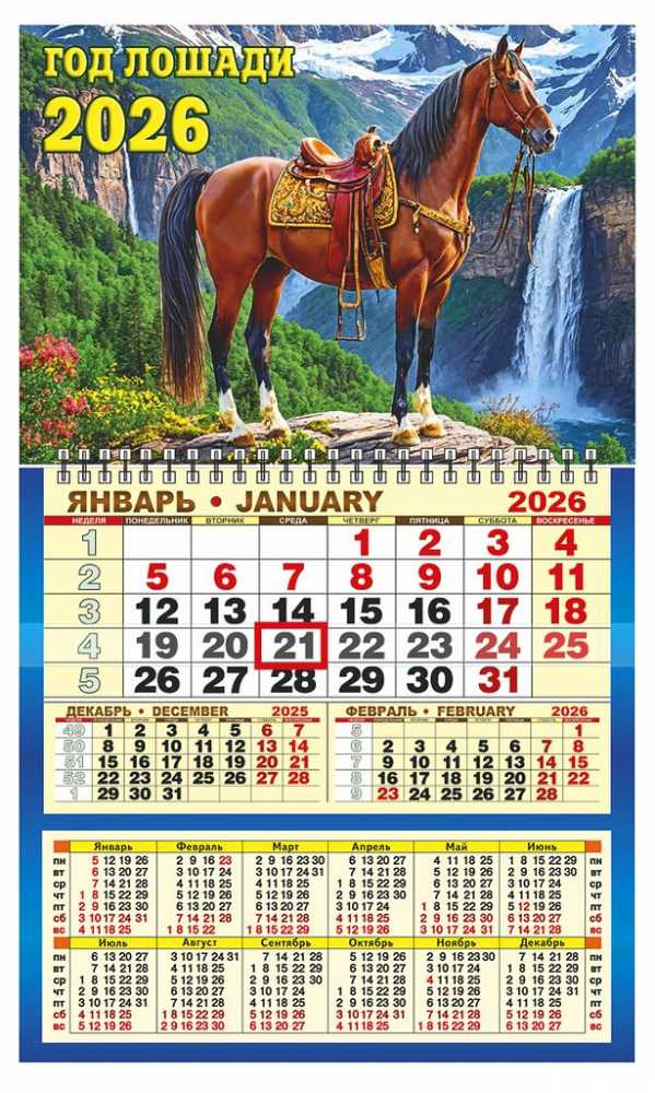 Календарь настенный 310*500мм на 2026г. ОДНОБЛОЧНЫЙ с курсором и сеткой Красавец