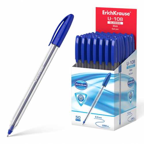 Ручка шариковая ErichKrause ULTRA GLIDE U-108 синяя,1мм, прозрачный корпус, 47564