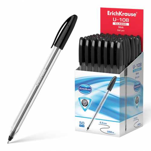 Ручка шариковая ErichKrause ULTRA GLIDE U-108 черная, 1мм, прозрачный корпус, 47566