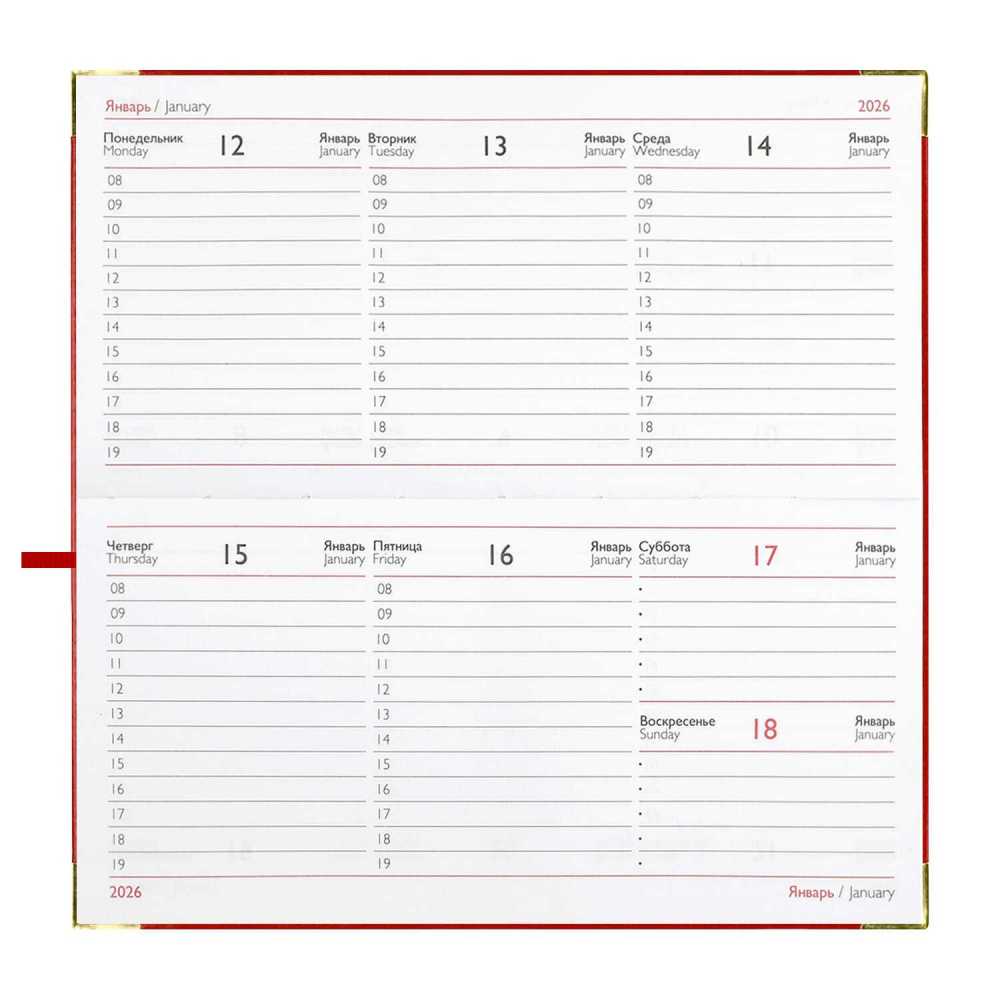 Планинг датированный 2026г 170*88мм 64л., интегральный переплёт, искусственная кожа, Сариф красный ляссе