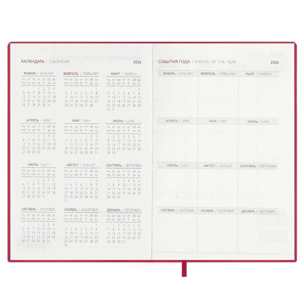 Ежедневник датированный 2026г А6 120л., кожзам, мягкий переплет, Бейбискин малиновый, тиснение фольгой, ляссе