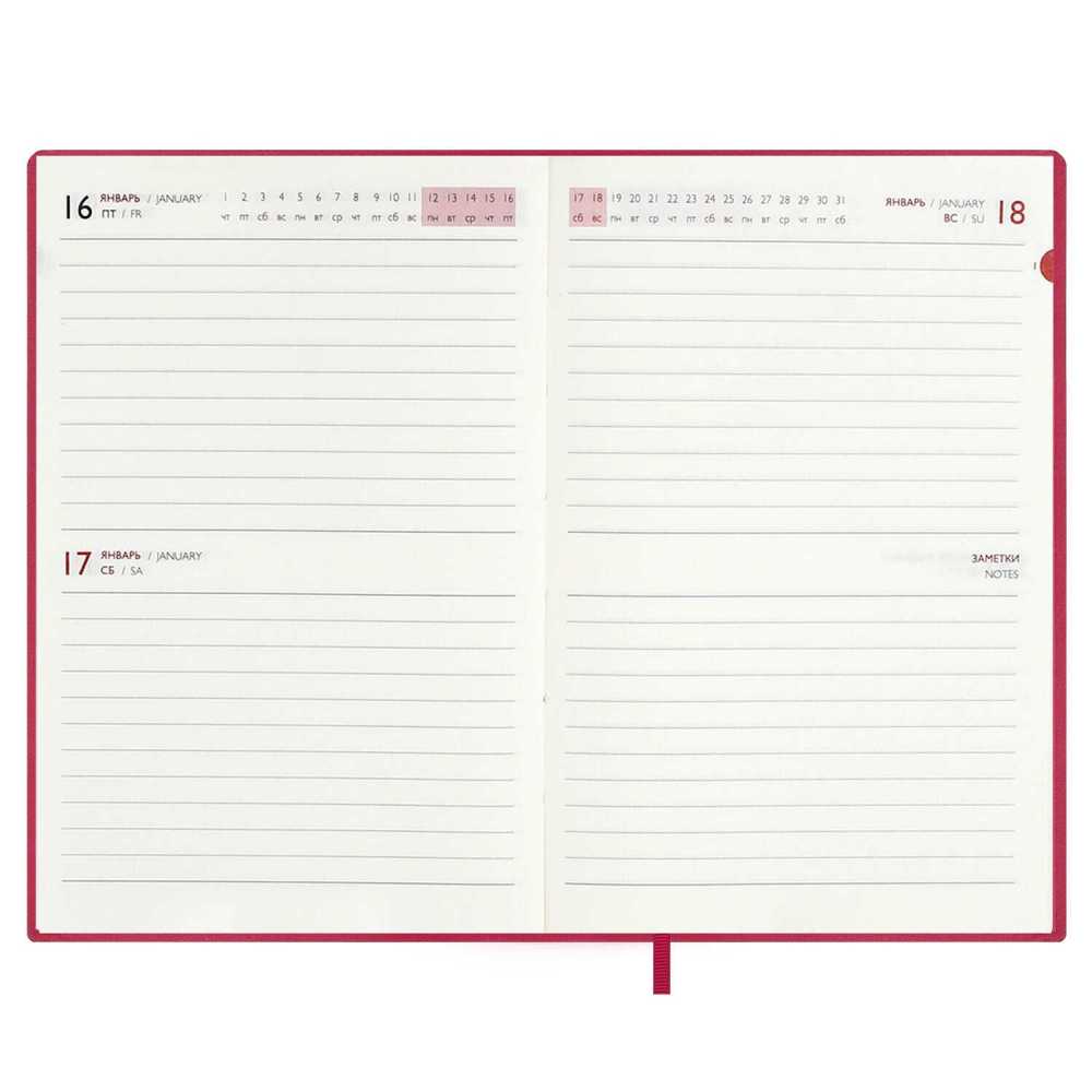 Ежедневник датированный 2026г А6 120л., кожзам, мягкий переплет, Бейбискин малиновый, тиснение фольгой, ляссе