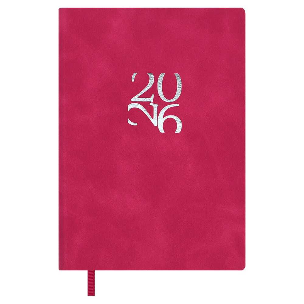 Ежедневник датированный 2026г А6 120л., кожзам, мягкий переплет, Бейбискин малиновый, тиснение фольгой, ляссе