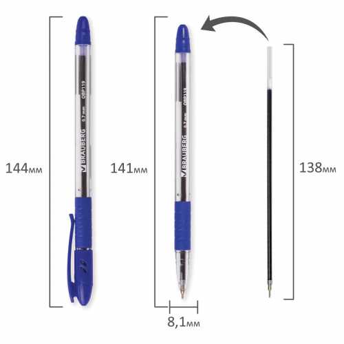 Ручка шариковая масляная с грипом BRAUBERG Glassy, СИНЯЯ, корпус прозрачный, узел 0,7 мм, линия письма 0,35 мм