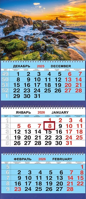 Календарь квартальный на 2026 год, 3 блока 3 гребня с курсором, 310*690мм.Природа. Морской закат