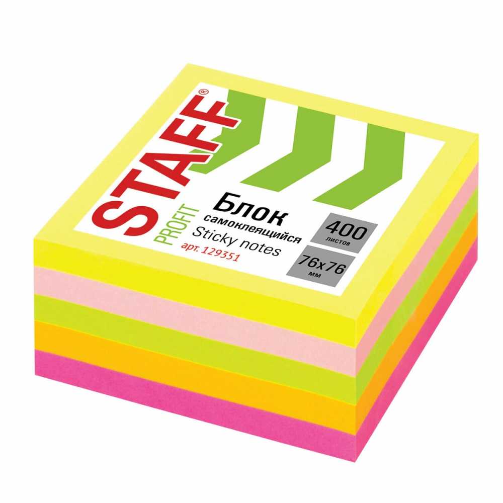 Блок самоклеящийся (стикеры) STAFF НЕОНОВЫЙ, 76х76 мм, 400 листов, 5 цветов