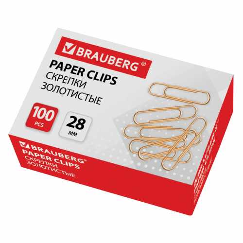 Скрепки BRAUBERG, 28 мм, золотистые, 100 шт., в картонной коробке