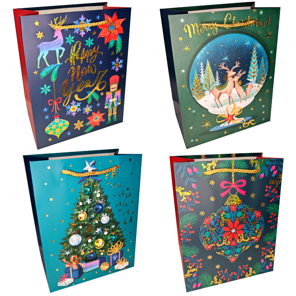 Пакет подарочный бумажный новогодний 14*18*8 см, Новогодний микс дизайнов