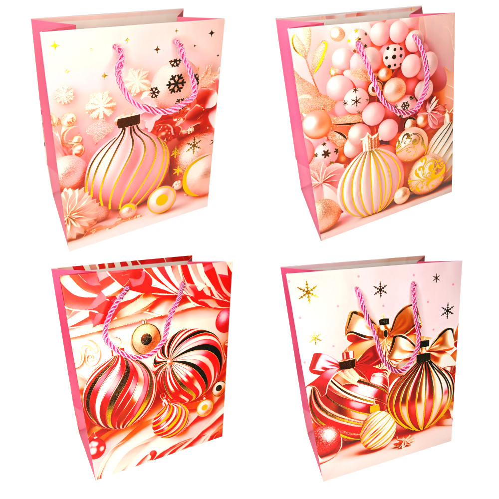Пакет подарочный бумажный новогодний 18*23*10 см, Розовая тема, микс дизайнов