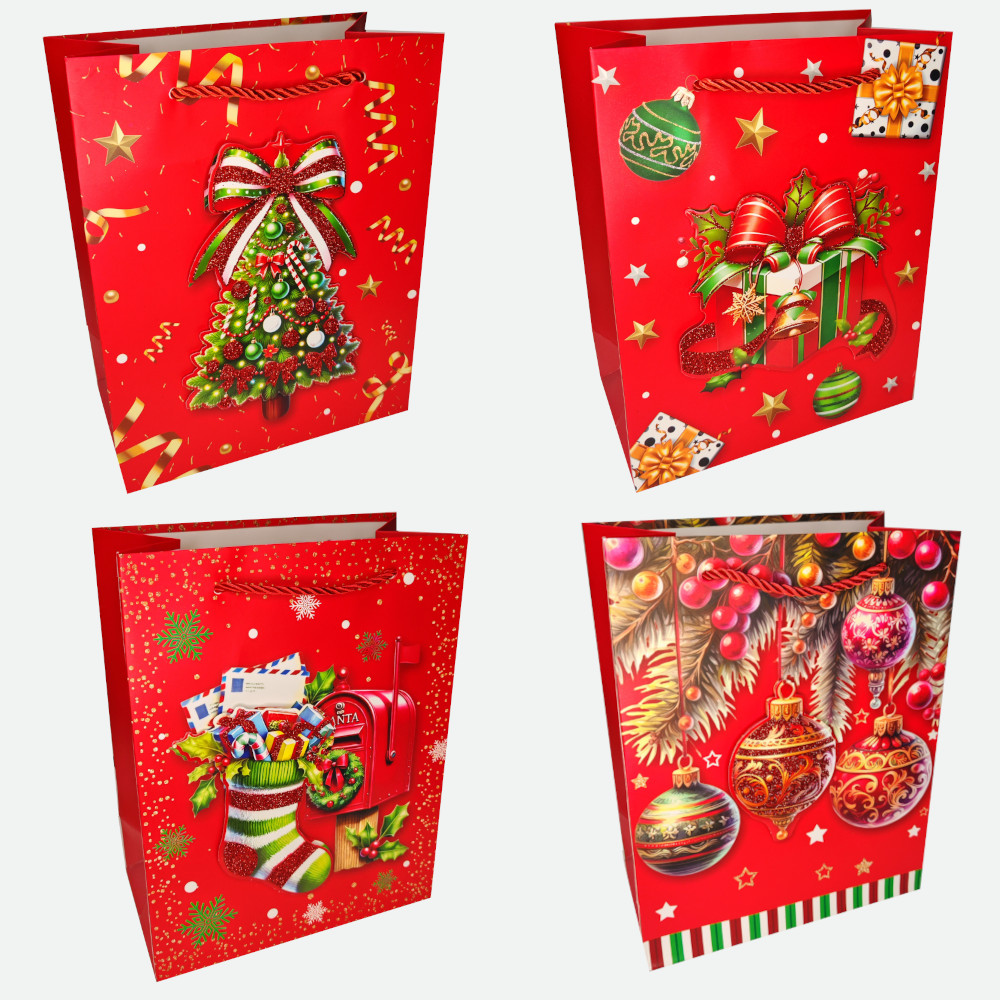 Пакет подарочный бумажный 18*23*10 см, Новогодний, красный, микс дизайнов