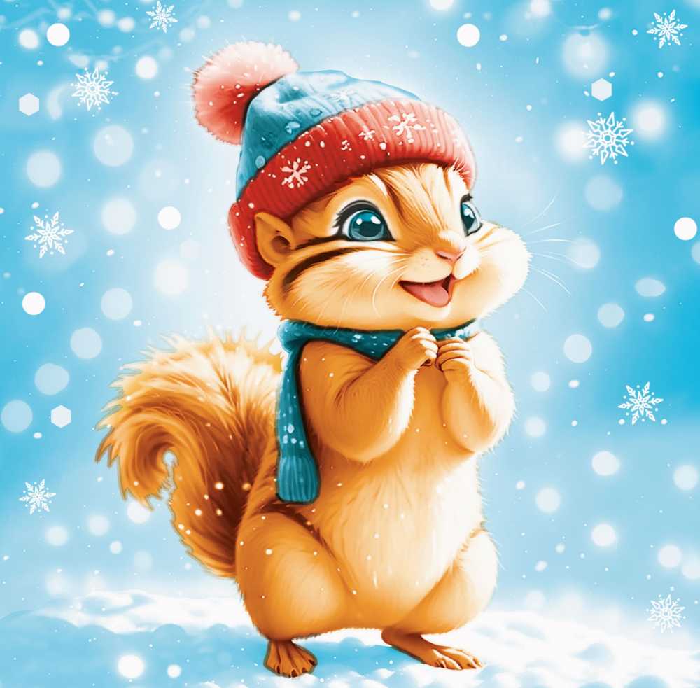 Салфетки бумажные новогодние 24*24см, однослойные Зимний бурундучок, 50 шт.