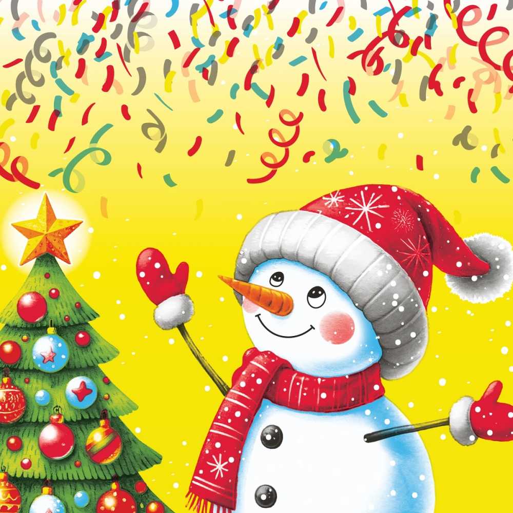Салфетки бумажные новогодние 33*33см, 2-х слойные, Снеговик с конфетти 20 шт.