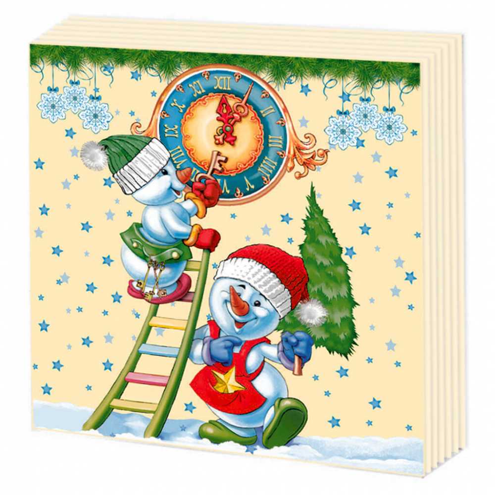 Салфетки бумажные новогодние 33*33см, 2-х слойные, Снеговички-Часовички 20 шт.