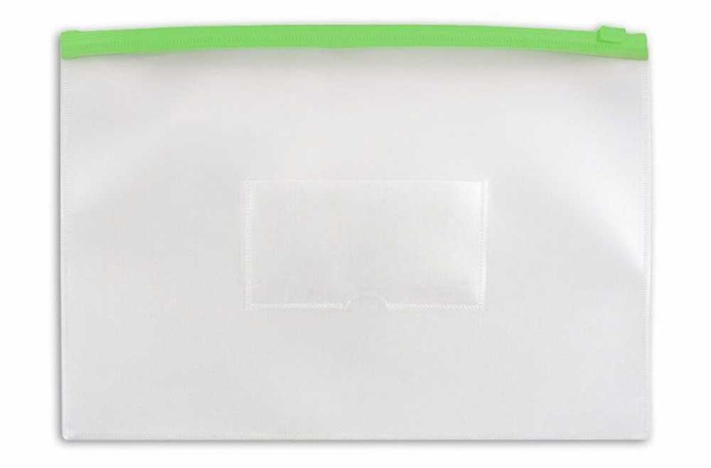 Конверт на молнии А4 0,15мм, карман для визитки, зелёная молния, Бюрократ