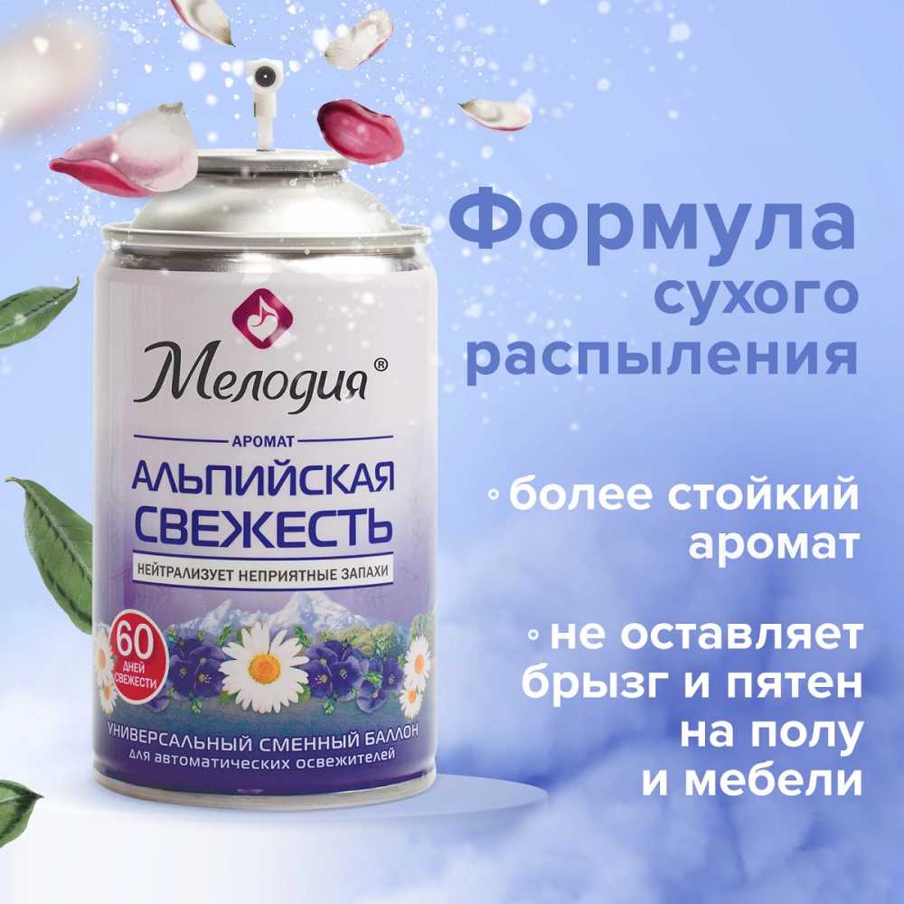 Сменный баллон 250 мл МЕЛОДИЯ Альпийская свежесть, для автоматических освежителей, универсальный