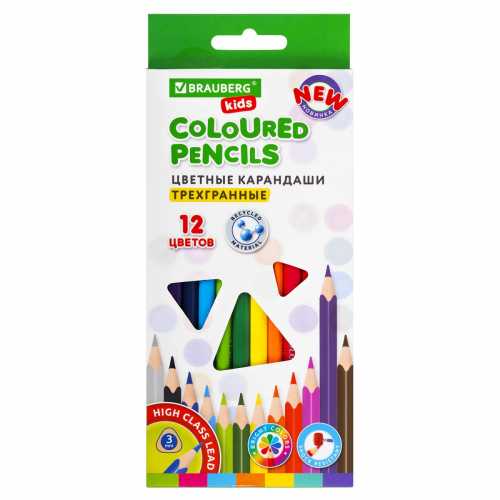 Карандаши цветные BRAUBERG KIDS NEW, 12 цветов, трехгранные, грифель 3 мм