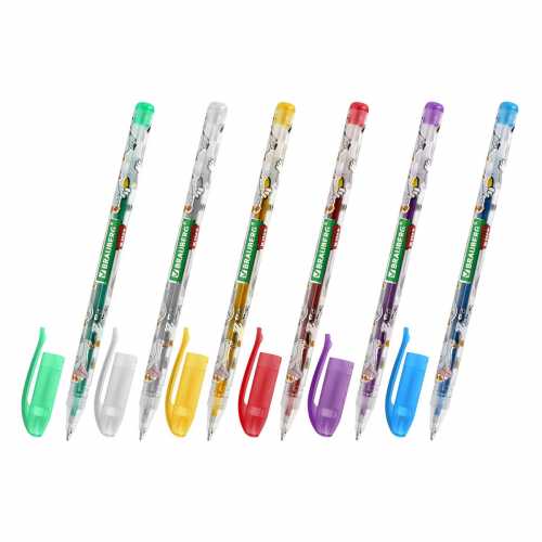 Ручки гелевые С БЛЕСТКАМИ BRAUBERG KIDS CUTE ANIMALS, НАБОР 6 ЦВЕТОВ, линия письма 0,7 мм