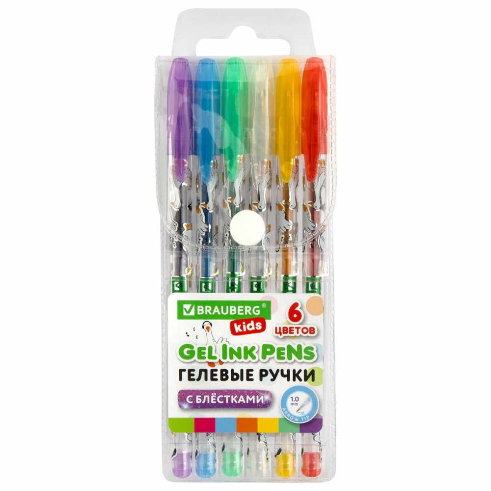 Ручки гелевые С БЛЕСТКАМИ BRAUBERG KIDS CUTE ANIMALS, НАБОР 6 ЦВЕТОВ, линия письма 0,7 мм
