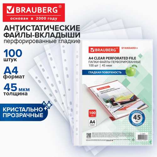 Папки-файлы перфорированные, А4, BRAUBERG STANDARD, комплект 100 шт., гладкие, 45 мкм