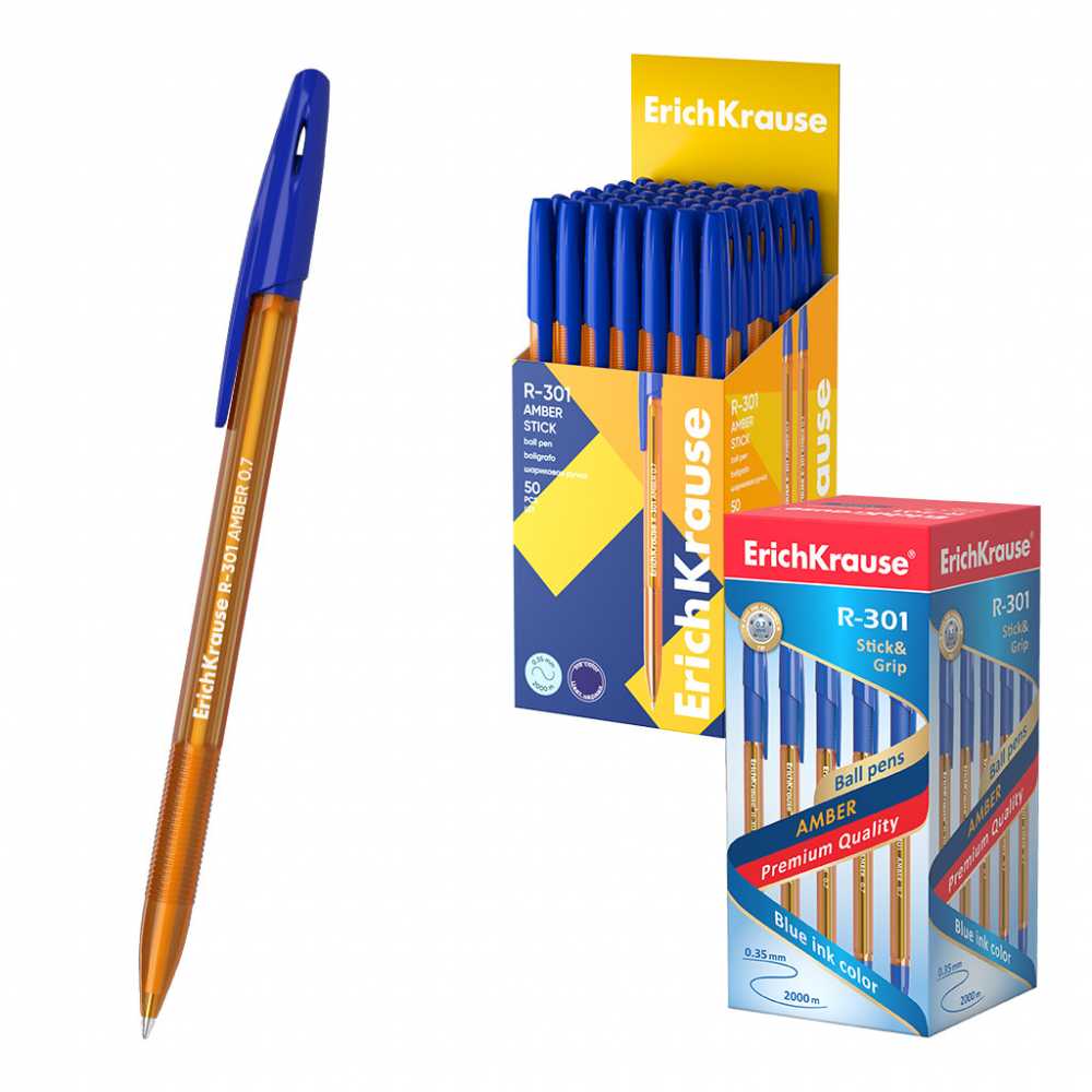 Ручка шариковая масляная ErichKrause R-301 AMBER синяя, 0,7мм, линия письма 0,35мм, цвет корпуса янтарь
