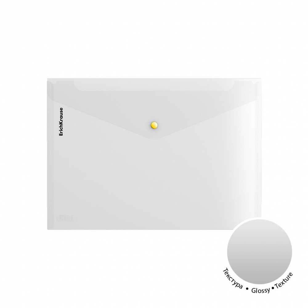 Папка конверт на кнопке А4 Glossy Clear 0,16мм прозрачный, с цветной кнопкой ErichKrause