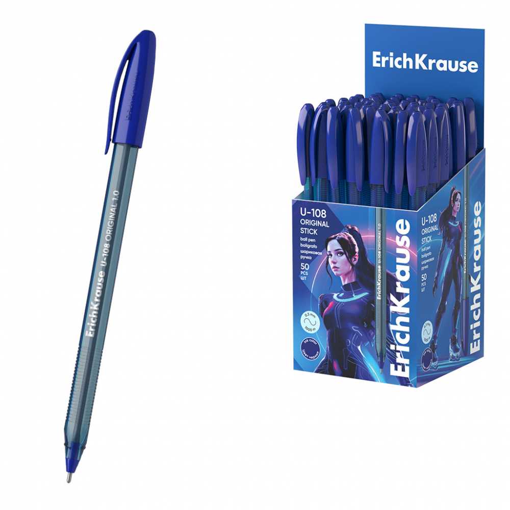Ручка шариковая ErichKrause U-108 Stick Original, СИНЯЯ, узел 1 мм, линия 0,3 мм, 47595